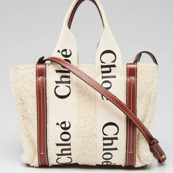 Chloe Beige/Brown Canvas/Leather/Shearling Small Woody Tote Bag - Picture 1 of 11